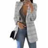 Ternos femininos Blazers femininos Casaco de primavera e outono Slim Fit Plaid Turn Down Down Blazer Casual Cardigan de manga longa ocultada