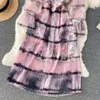 French high sense tie dye printed dress stand collar button up lantern sleeve waist closing thin gauze pleated mid length skirt