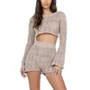 Women's Tracksuits Women Two-Piece Crochet Knit Outfits Hollow Out Long Sleeve Round Neck Pullover Crop Tops High Rise Shorts Beach Party