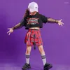 Bühnenbekleidung Kinder coole Hip -Hop -Kleidung Sweatshirt Crop Top schwarze Spitze T -Shirt Red Plaid Rock Mädchen Karneval Jazz Tanz Kostüm Kleidung