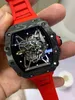 Reloj mecánico de lujo para hombre Rojo Negro Caucho Hombres Zafiro Automático Mecánico Fibra de carbono Calendario Esqueleto Vidrio Volver Ver a través