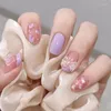 Faux ongles 24 pièces mignon tête carrée courte coeur rose conception d'arc 3D faux ongles avec strass perle couverture complète presse sur la pointe