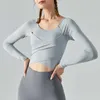 lu-399 Yoga Top Long Sleeve Cross Pleated Body-building Gym Clothes for Women Slim Sports Shirt Removable Bra