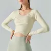 lu-399 Yoga Top Long Sleeve Cross Pleated Body-building Gym Clothes for Women Slim Sports Shirt Removable Bra