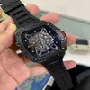 Reloj mecánico de lujo para hombre Rojo Negro Caucho Hombres Zafiro Automático Mecánico Fibra de carbono Calendario Esqueleto Vidrio Volver Ver a través