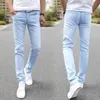 Mannen strekken Skinny Jeans Male Designer Brand super elastische rechte broek jeans slank fit fashion jeans sky blauw