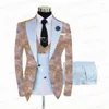 Ternos masculinos 2022 Men Floral Impressa Men, traje de casamento de 3 peças Slim Fit Groom Groom Shiny Blazer Blazer Double Bastten Colet Pants