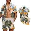 Chándales para hombre, traje de estilo hawaiano, ropa de playa holgada informal para hombre, camisa de manga corta con estampado de hojas, pantalones cortos, conjunto de dos piezas de verano