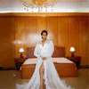 Wraps White Illusion Ruffles Tulle Long Sleeve Bridal Winter Sexig Kimono Gravid Party Sleepwear Women Bathrobe Sheer Nightrown Robe