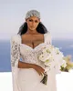 Formale Cape-Hülse Meerjungfrau Brautkleider Perlen Feder Applikation Brautkleid Lace Up Ballkleid bodenlangen Robe De Vestido