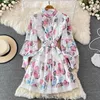 Casual Dresses Vintage Autumn Winter Clothes Shirt Dress Women Floral Print Single Breasted Hollow Out Long Lantern Sleeve Short