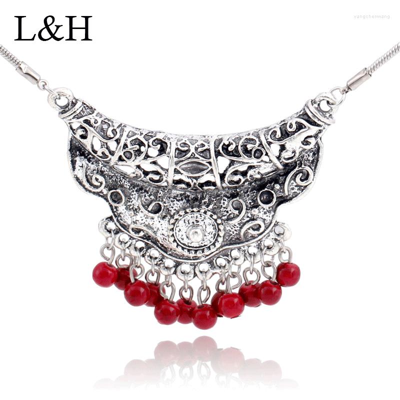 Choker L&H 2022 Fashion Antique Sliver Geometric Crescent Pendant Necklace Vintage Statement Beads For Women Jewelry