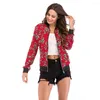 Kvinnans jackor 2022 Kvinnor Slim Coat Fashion Ladies Retro Red Floral Zipper Up Bomber Jacket Casual Autumn Outwear Elegant Clothes