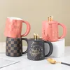 500ML Ceramic Mug With Lid And Handle Retro Checkerboard Cup For Coffee Latte Tea Milk And Cocoa Creative Christmas Birthday Day Gift