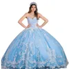 2023 Glitter Ivory Sequins Applique Prom Quinceanera Dresses Light Sky Blue Strapless Corset Backless Princess Formal Dress Evening Sweet 15 16 Girls Ball Gown