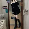 Casual Dresses Preppy Style Spring 2022 Vintage Princess A-Line Mini Dress Kawaii Flare Sleeve Cute One Piece Velvet Black For Women