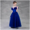 Robes de fille Europe Style américain robe à fleurs mignon col bateau bleu dentelle Tulle longue princesse grandes filles spectacle