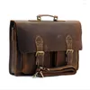 Cartelle Retro Cartella da uomo Borsa da uomo in pelle di cavallo pazzo Multi-tasca Borsa da 15,6 pollici in pelle bovina Crossbody Shouler Laptop Uomo Sacoche