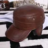 Visir 50-58 Plat-toppade herrar Cap Autumn och Winter Warm Ear Protection Cowhide l￤derhattar Herr Mens BRIM HAT MEN