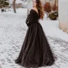 2023 Fener Uzun Kollu Siyah Gotik Gelinlik Puffy A-Line Kış Gelinlikleri Dantel Aplikler Boncuklu Süpürme Tren Tül Vintage Vestidos De Novia