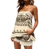 Tracksuits voor dames 2022 Zomer Women Retro Tribal Print Spaghetti Riem met Camisole Mouwloze Tops Streta Taille Casual Shorts 2pcs