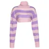 Women's Sweaters 2022 Women Turtleneck Sweater Pink And Purple Striped Hole Cropped Pullover Sweaters Fashion Batwing Sleeve Knitwear Clothing T221019