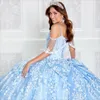 Abito da ballo in pizzo con perline color lavanda Abiti Quinceanera Appliqued senza spalline Scollo Abiti da ballo Tulle Sweep Train Abito dolce 15 in maschera