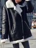 Couro feminino Ailegogo Autumn Winter Women Faux Fur Black White Jacket com Belt Moto Biker Logo Turndown Casat Outwear