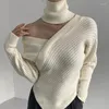 Kvinnors tröjor Hzirip Turtleneck Kvinnors tröjor 2022 ol Fashion Vintage Off Axel Solid All-Match Daily Basic Knitwear Tops