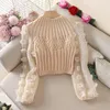 여자 스웨터 가을 여성 스웨터 슈퍼 요정 거품 슬리브 메쉬 스팅 크루 넥 타이트 슬림 한 짧은 티셔츠