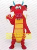 Lively Red Mushu Dragon Mascot Costume Dinosaur Dino Loong med Long Yellow Beard Mascotte Adult No.238