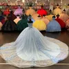 Light Sky Blue Beaded Ball Gown Quinceanera Dresses Flowers Appliqued Sweetheart Neckline Sequined Prom Gowns Tulle Sweep Train Sweet 15 Masquerade Dress