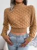 Kvinnors tröjor stickade tröja Kvinnor 3D Diamond Pullovers Kvinnliga fasta långa ärmar Öppen navel damer chic korthoppare pull femme