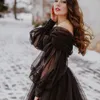 2023 Fener Uzun Kollu Siyah Gotik Gelinlik Puffy A-Line Kış Gelinlikleri Dantel Aplikler Boncuklu Süpürme Tren Tül Vintage Vestidos De Novia