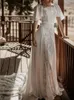 Bohemian Lace Wedding Dress Square Neck Flare Sleeves A Line Chiffon Sweep Train Lace Beach Bridal Gown Robe De Mariee