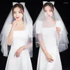 Headpieces Wedding Veil With Ribbon Bow Hair Accessories For Brides 2-Tier White Sheer Tulle Simple Cut Edge Elbow Length Headwear