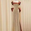 Beaded Mermaid aftonklänningar Brown Cap Sleeve Celebrity Gown Bow Tie Satin Train Vestidos de Fiesta 326 326