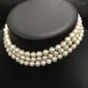 Choker Classic 7-8 mm Natuurlijk zoet water Pearl-chokers ketting kort 34 cm verstelbare grootte nabij ronde 3 lagen multi