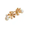 Backs Earrings MADALENA SARARA 18K Yellow Gold Diamond Pave Setting Flower Freshwater Pearl Style Women Au750 Stamp
