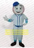 Söt vit basebollman Mascot Costume Mascotte HorseHide Tennis Ball Tenis Ball med Big Round Head Blue Hat No.526