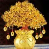 19 cm Albero di cristallo naturale Ornamenti di denaro Stile bonsai Ricchezza Fortuna Feng Shui Decorazioni per la casa con monete d'oro e base 211101