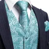 Men's Vests Men Teal Blue Paisley Suit Vest Silk Waistcoat Formal Ties Cufflinks Pocket Square Set Tuxedo Male Gift Dobby Bar261k