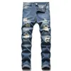 Slim Fit Men's Ruped Jeans Spring осень разрушенные отверстия растягиваемые прямые брюки модный уличный стиль джинсовые брюки панталоны