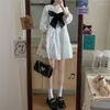 Casual Dresses Women's Puff Sleeve Dress 2022 Summer French Sweet White Skirt V Neck Bow Loose Midist Doll Cake