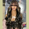Markera blond fransmaskin Made Human Hair Wigs Bangs Cut Silk Top Balayage Wigs For Women Glueless Long Wavy Full Density