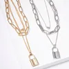 Pendant Necklaces Multi-layer Lock Rectangular Cable Necklace-Stainless Steel And Heart Charm Necklace-Fashion Statement Jewelry