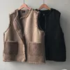 Women's Vests Woman Double-Sided Wear Lamb Wool Vest Female Turn-down Collar Sleeveless Waistcoat Jacket Ladies Fashion Pocket Femme G50