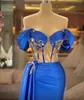 2023 Sexy Mermaid Prom Dresses Off Shoulder Plus Size Arabic Royal Blue Crystals Beads Sheath Side Split Satin Evening Formal Party Dress