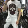 Men's T Shirts M-5XL Top Quality Personality Rhinestone Skull Men's Short Sleeve Slim Trendy Design Brand T-Shirt