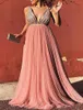 Party Dresses Alicerb Women's A Line Homecoming Sequin Maxi Long Pink Sleeveless Pure Color Backless Chiffon Deep V Modern 2022